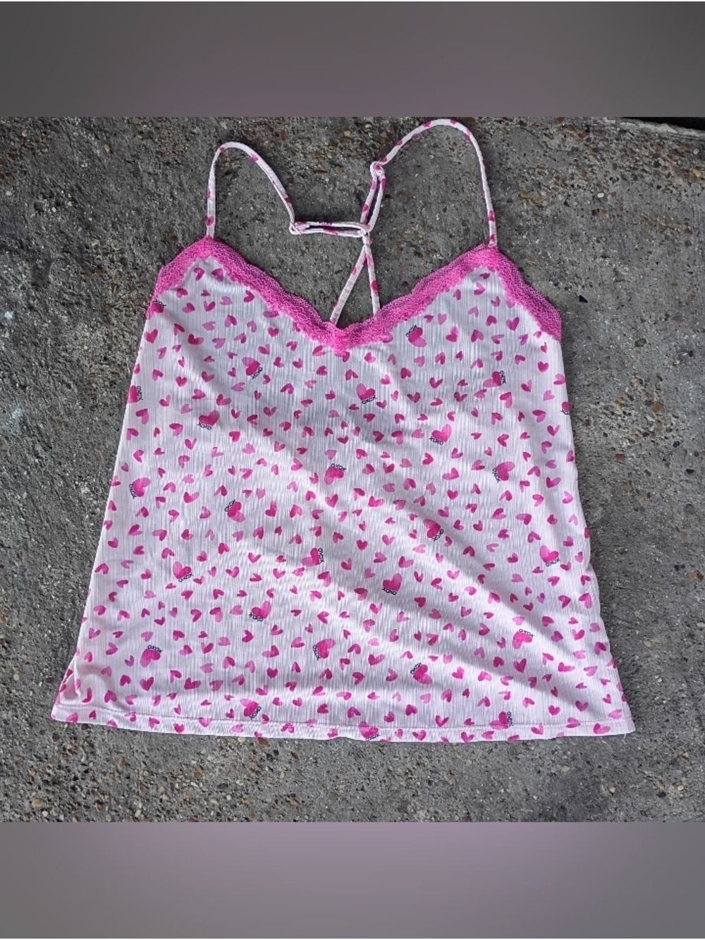 2/$10 Secret Treasures Pink Heart Print Lace Trim Cami Top Medium
